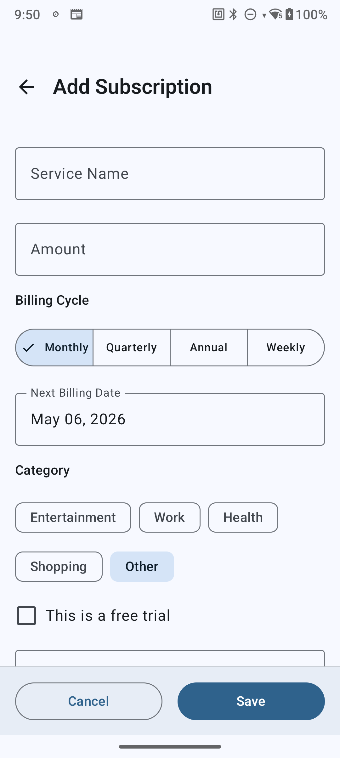 Add subscription screen
