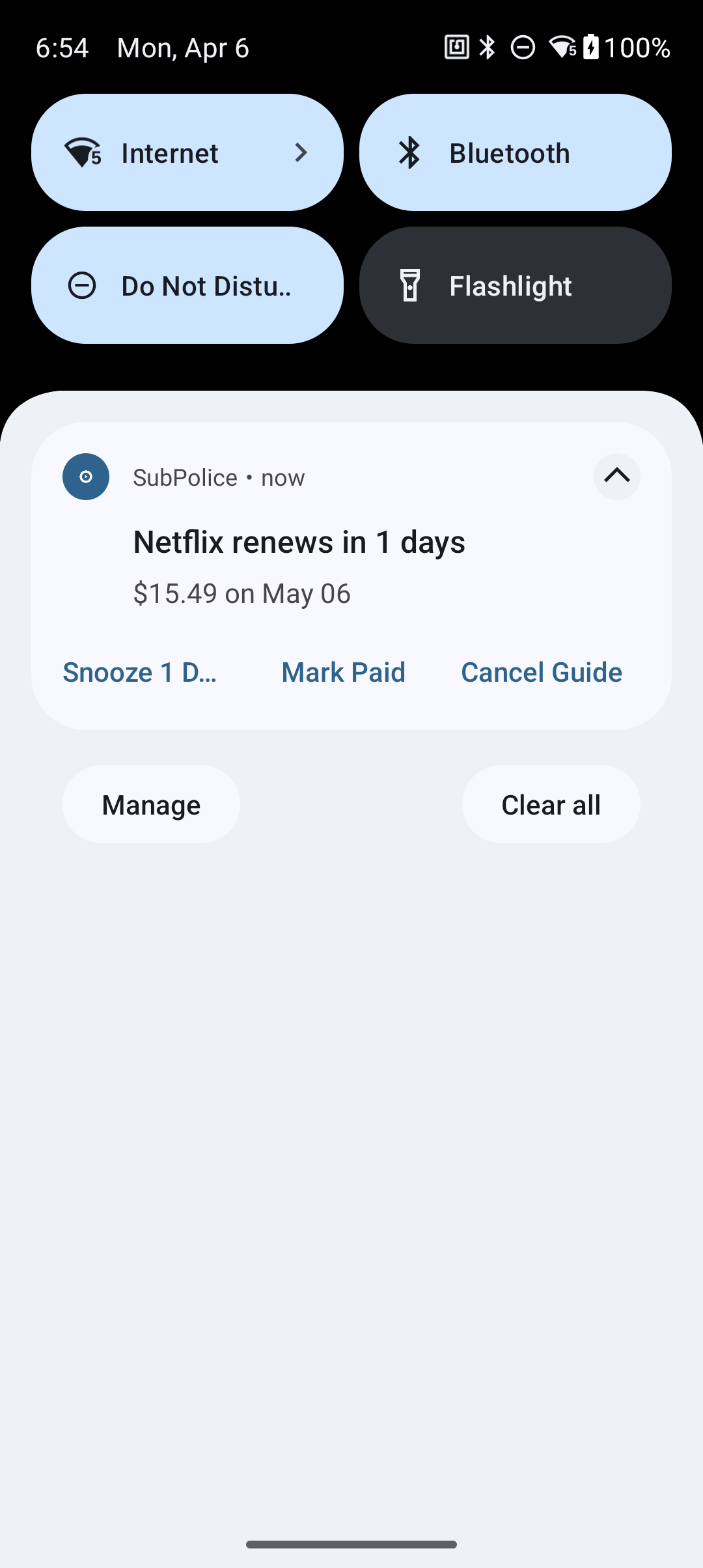 Quick actions notification