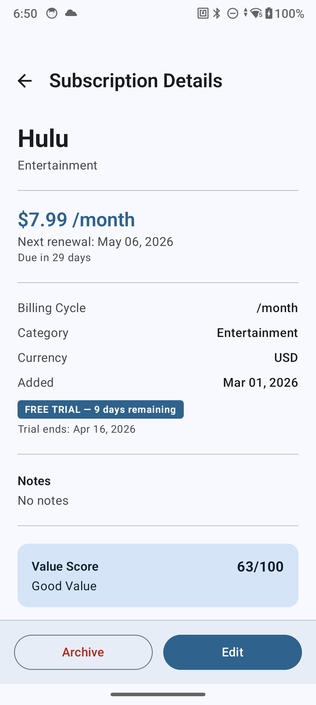 Free trial tracking screen