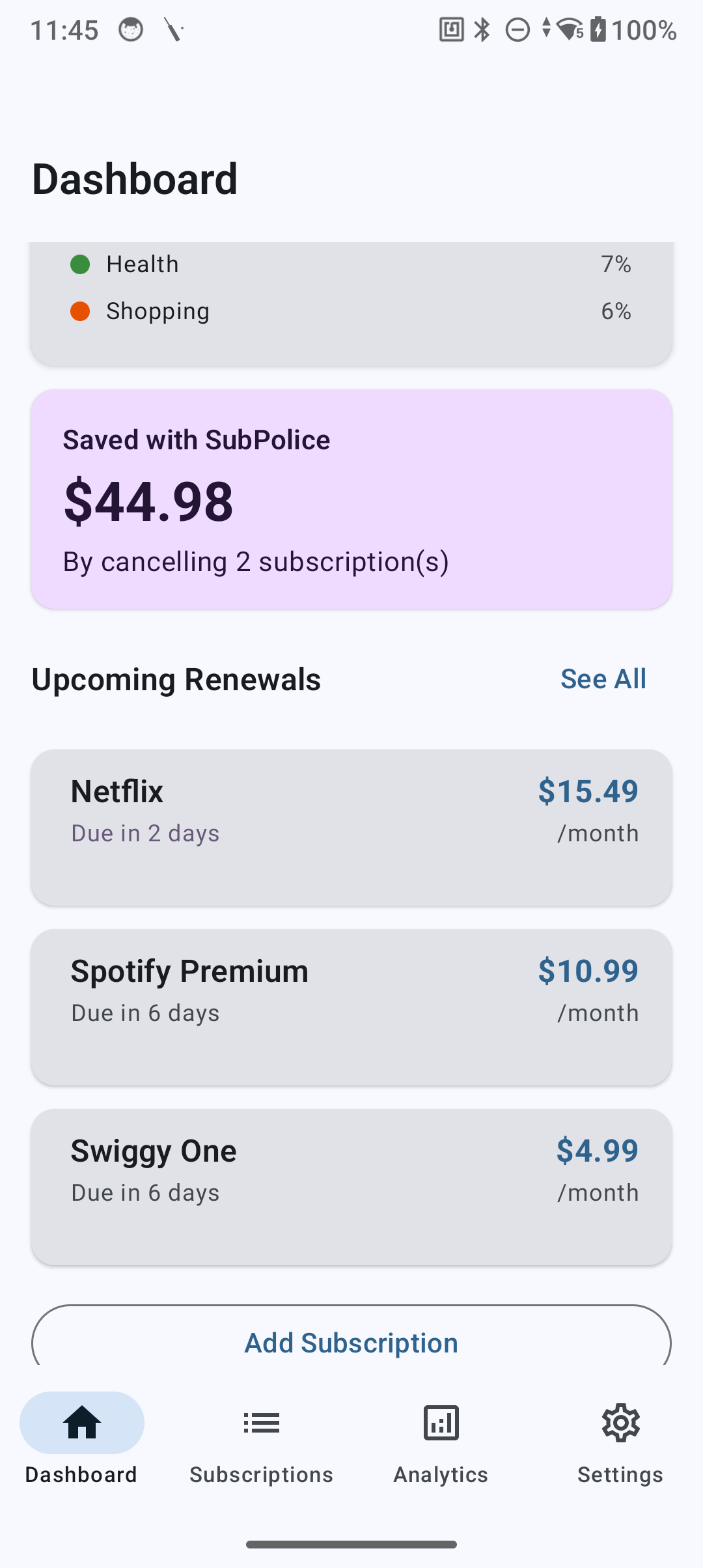 Savings tracker card on dashboard