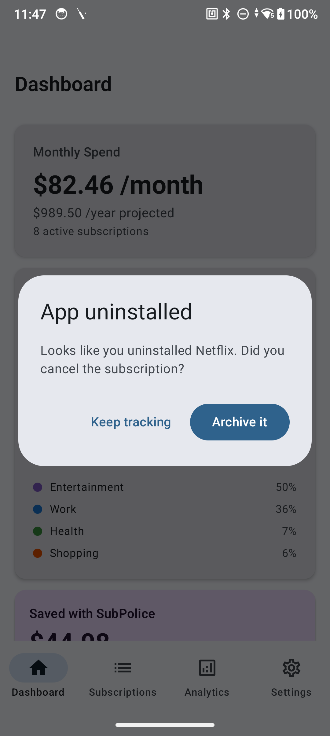App uninstalled dialog