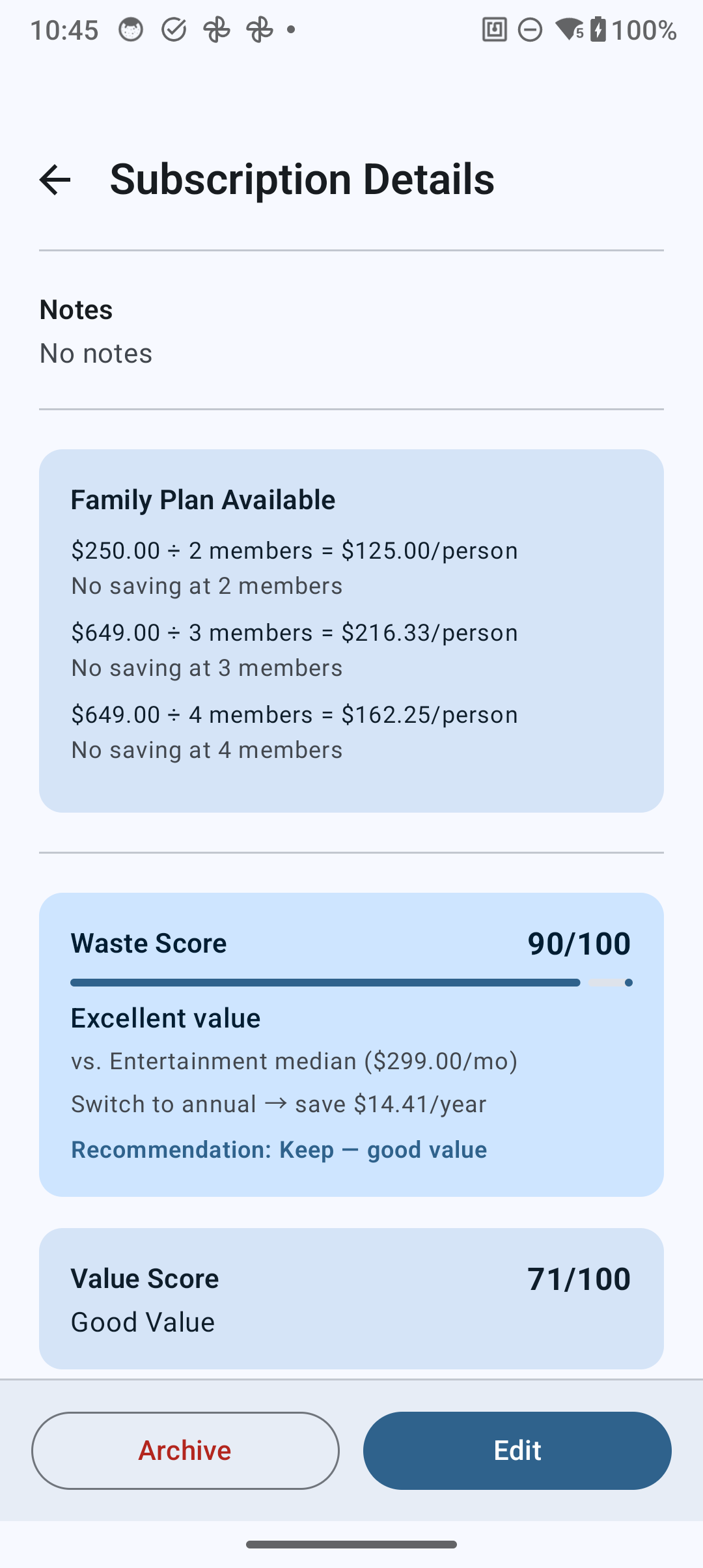 Waste Score report card showing score breakdown