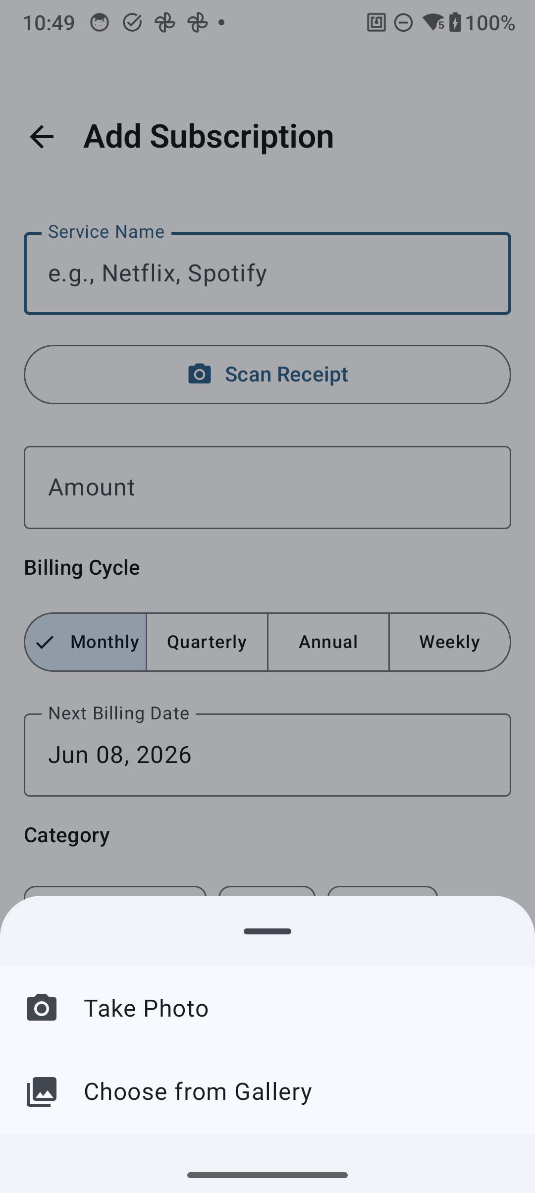 OCR receipt source picker — camera or gallery